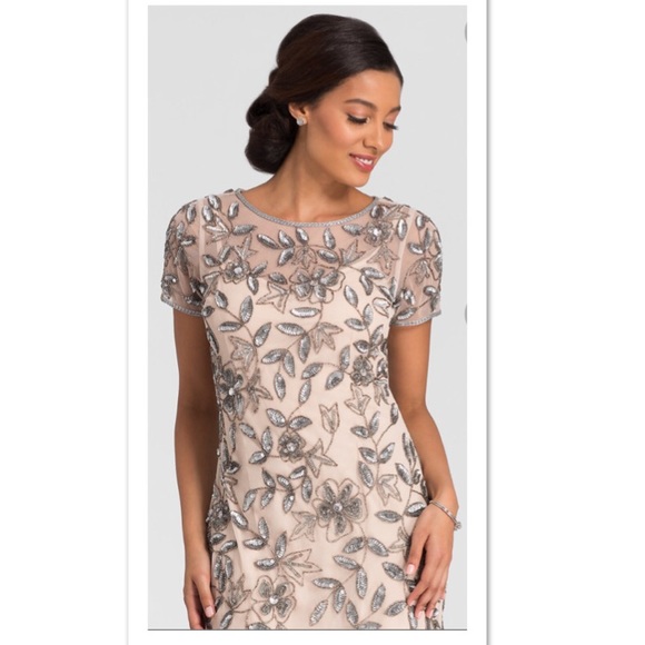 Adrianna Papell plus size beaded floral godet short sleeves long gown - Picture 4 of 16